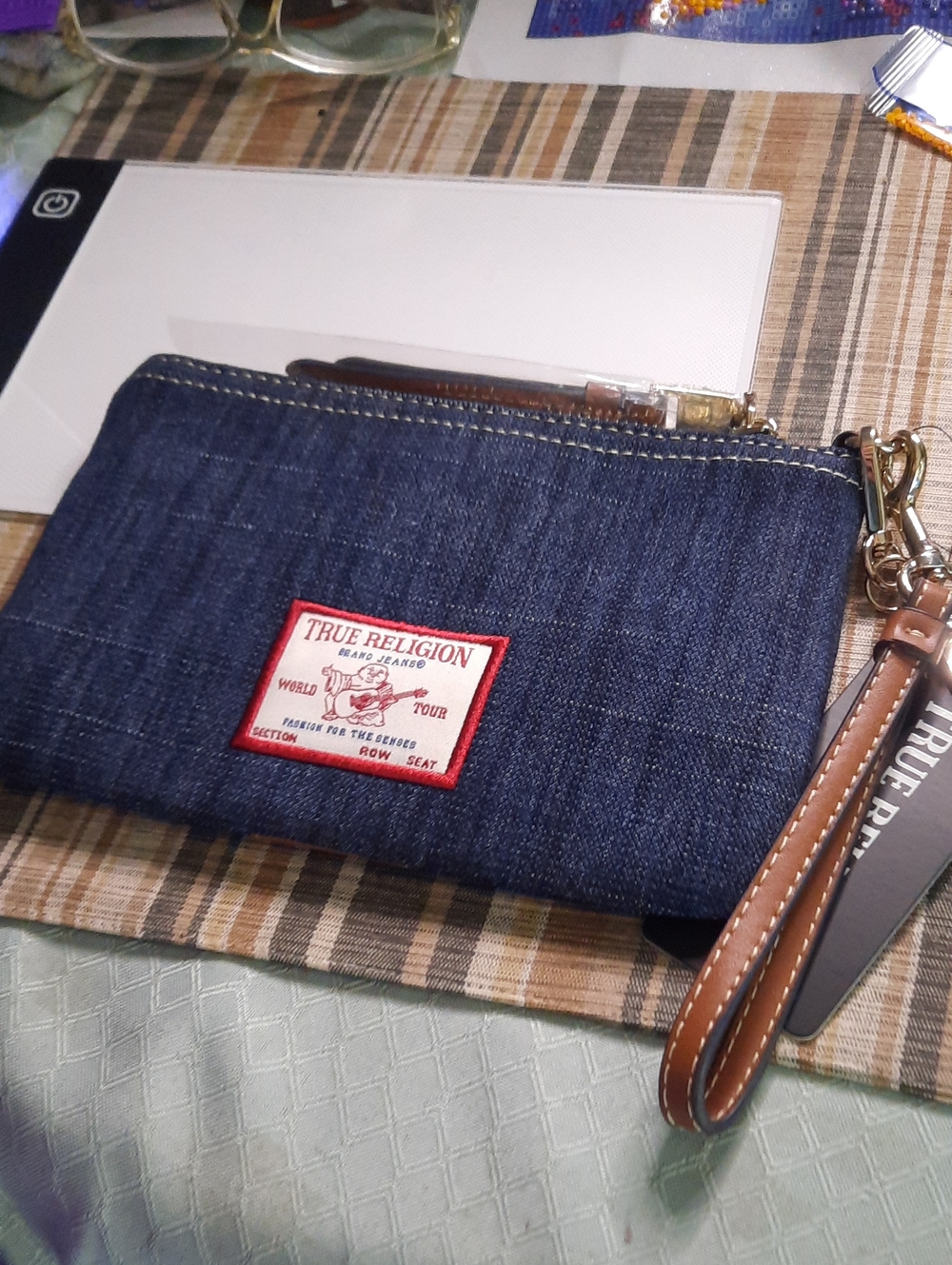 True Religion Denim Wristlet with Brown Leather Strap